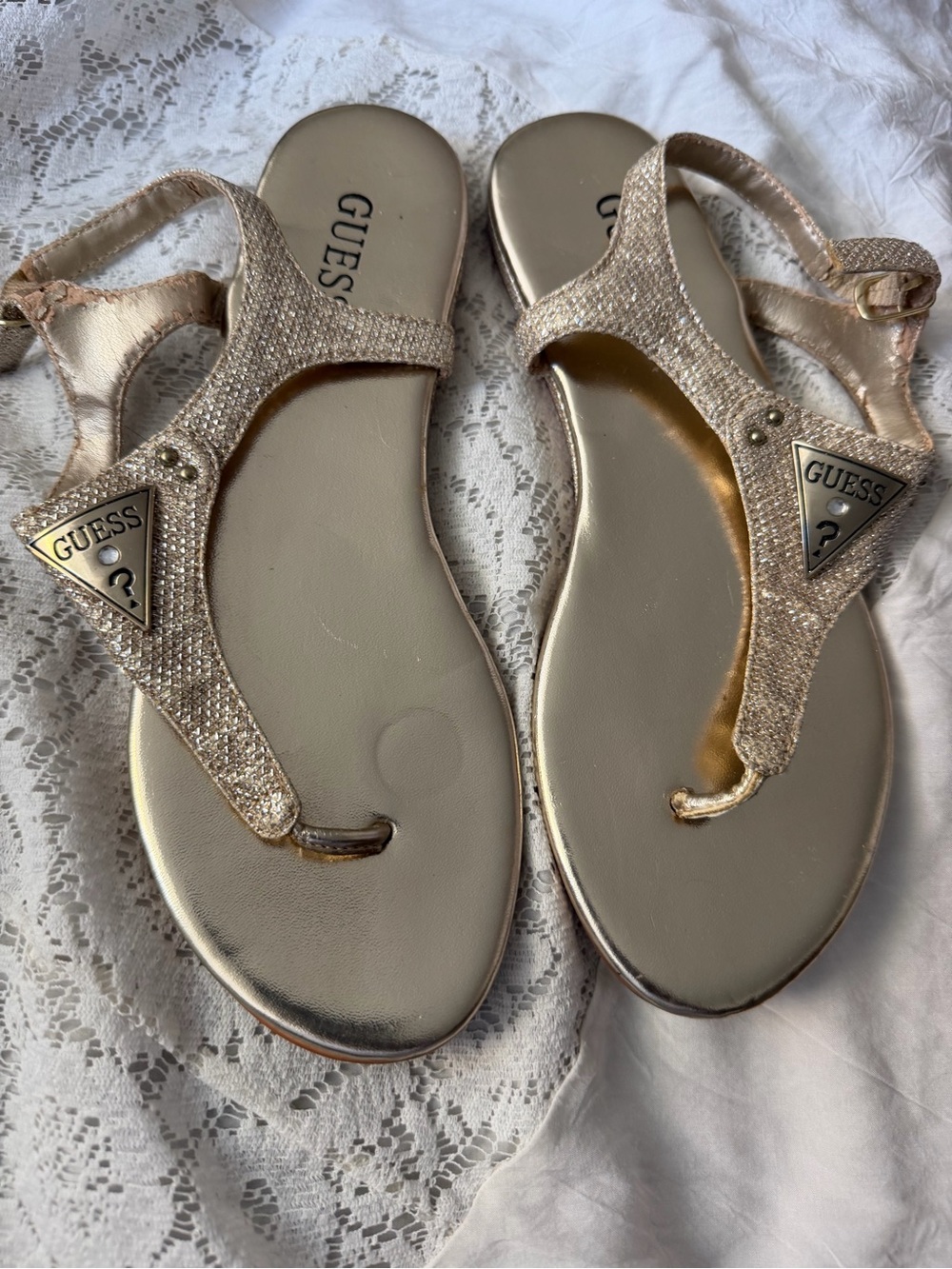 GUESS Metallic Gold T-Strap Rhinestone Sandals